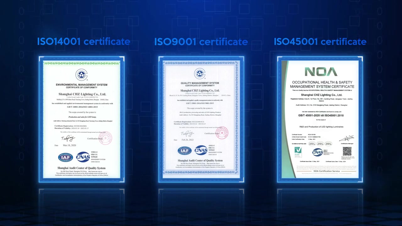 Certificats ISO | Éclairage CHZ Fournisseur et fabricants |
